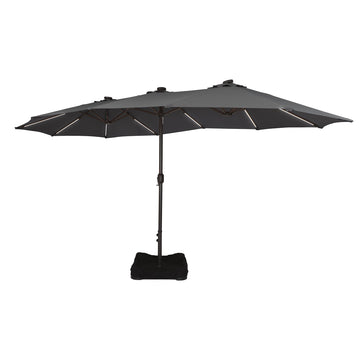 15 FT Double-Head Patio Umbrella with Base Included Large Outdoor Umbrella with Solar Detachable Lights Rectangular Crank Market Umbrella, Tan