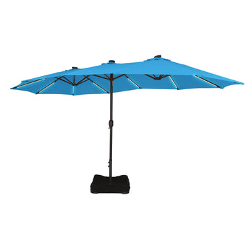 15 FT Double-Head Patio Umbrella with Base Included Large Outdoor Umbrella with Solar Detachable Lights Rectangular Crank Market Umbrella, Lake Blue