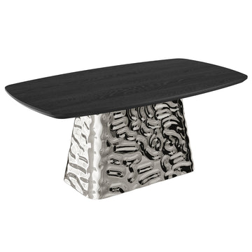Silver and Black Wood 70.87 Inch Pedestal Dining Table Seats 6 Modern Luxury Stainless Steel Base