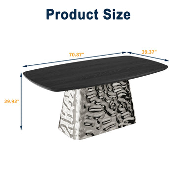 Silver and Black Wood 70.87 Inch Pedestal Dining Table Seats 6 Modern Luxury Stainless Steel Base