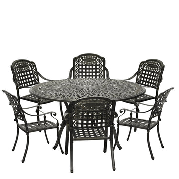 7pcs Outdoor Dining Set Cast Aluminium Patio Dining Set Patio Bistro Set 6 Outdoor Dining Chairs and 59 Inches Round Dining Table for Balcony Porch Backyard Garden