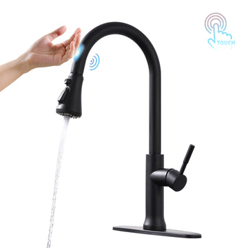 Matte Black Single Handle Sensor Activation Pull Out Sprayer Kitchen Faucet with Deck Plate Included
