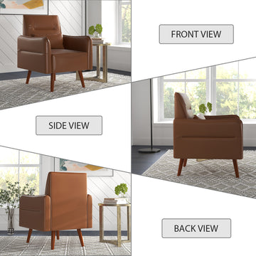 Modern Retro Leather-Look Accent Chair Mid-Century Upholstered Armchair with Solid Wood Legs for Small Spaces