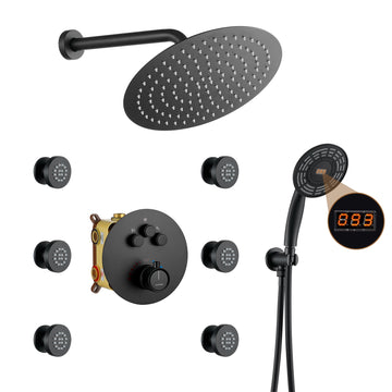 3-Function Luxury Shower Faucet Set Thermostatic Shower System with Side Body Spray Wall-Mounted Shower Head with Handheld Shower, Matte Black