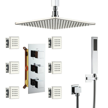 12-inch Luxury Shower System with Handheld Shower Head and Body Jets LED Ceiling Shower Head with Side Spray Thermostatic Shower System Shower Trim Kit, Chrome