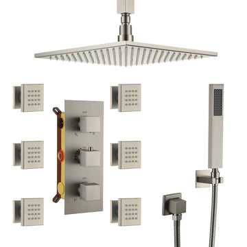 12-inch Luxury Shower System with Handheld Shower Head and Body Jets LED Ceiling Shower Head with Side Spray Thermostatic Shower System Shower Trim Kit, Brushed Nickel