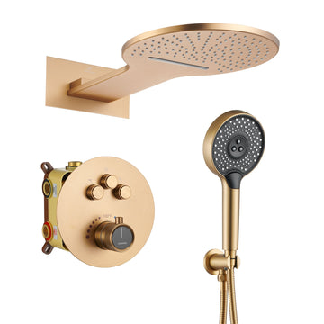 3-Function Thermostatic Shower System with Handheld Shower Head Luxury Shower Faucet Waterfall and Rainfall Shower Head, Brushed Gold