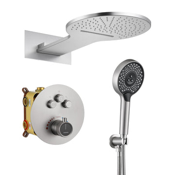 3-Function Thermostatic Shower System with Handheld Shower Head Luxury Shower Faucet Waterfall and Rainfall Shower Head, Brushed Nickel
