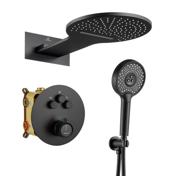 3-Function Thermostatic Shower System with Handheld Shower Head Luxury Shower Faucet Waterfall and Rainfall Shower Head, Matte Black