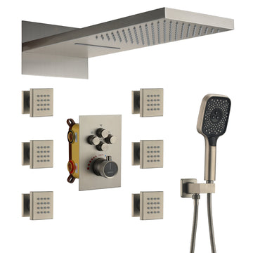 22-inch Rain Shower Head with Handheld Shower Head Shower System with Body Jets Waterfall Shower Trim Kit, Brushed Nickel