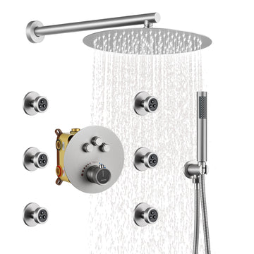 3-Function Luxury Shower System with Handheld Shower Thermostatic Shower Faucet with Body Jets Wall-Mounted Rain Shower Head, Brushed Nickel