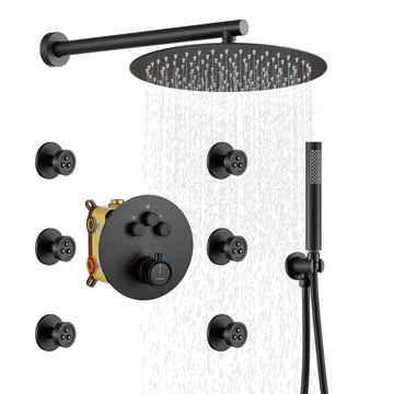 3-Function Luxury Shower System with Handheld Shower Thermostatic Shower Faucet with Body Jets Wall-Mounted Rain Shower Head, Matte Black