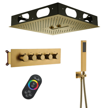 4-Function LED Shower System with Remote Ceiling Shower Head with Handheld Shower Head Solid Brass Shower Faucet Set Shower Trim Kit, Brushed Gold