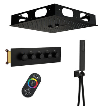 4-Function LED Shower System with Remote Ceiling Shower Head with Handheld Shower Head Solid Brass Shower Faucet Set Shower Trim Kit, Matte Black