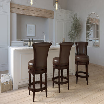 26 Inch Counter Height Wood Swivel Barstool with High Back and Curved Seat