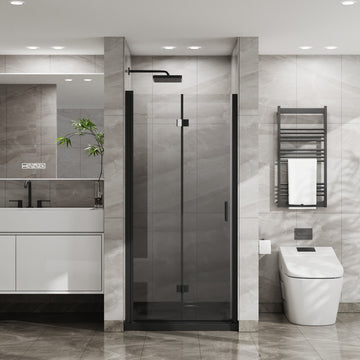 Bifold Frameless Glass Shower Door 34 Inch W x 72 Inch H 6mm Tempered Glass Foldable Black Finish