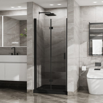 Bifold Frameless Glass Shower Door 34 Inch W x 72 Inch H 6mm Tempered Glass Foldable Black Finish