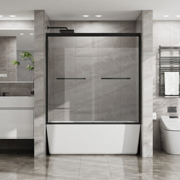 Double Sliding Bathtub Shower Door 60 Inch W x 58 Inch H Aluminum Framed SGCC Tempered Glass Matte Black