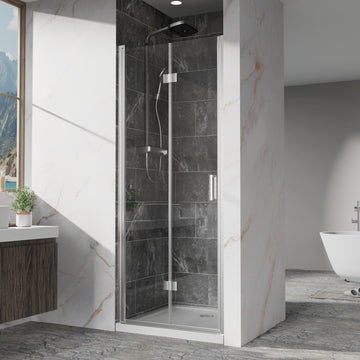Frameless Bi fold Pivot Shower Door 30 Inch W x 72 Inch H 6mm Tempered Glass Chrome Finish Reversible Installation