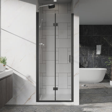 Pivot Bifold Frameless Glass Shower Door 32 Inch W x 72 Inch H 6mm Tempered Glass Black Finish Reversible Installation