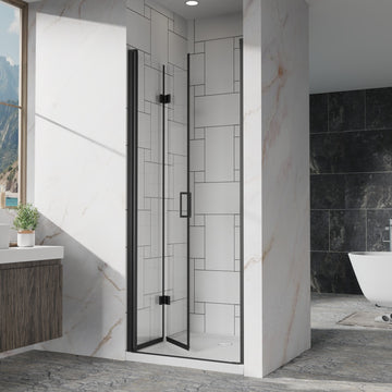 Pivot Bifold Frameless Glass Shower Door 32 Inch W x 72 Inch H 6mm Tempered Glass Black Finish Reversible Installation