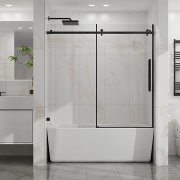 Frameless Tub Sliding Shower Door 60 Inch W x 58 Inch H 6mm Tempered Glass Easy-clean Coating Matte Black