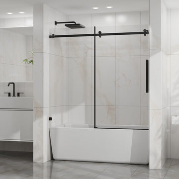 Frameless Tub Sliding Shower Door 60 Inch W x 58 Inch H 6mm Tempered Glass Easy-clean Coating Matte Black