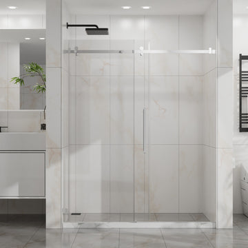 Frameless Sliding Shower Door 60 Inch W x 72 Inch H 6mm Tempered Glass Silent Pulleys 304 Stainless Steel Chrome