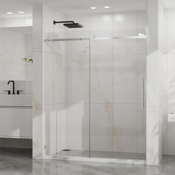 Frameless Sliding Shower Door 60 Inch W x 72 Inch H 6mm Tempered Glass Silent Pulleys 304 Stainless Steel Chrome