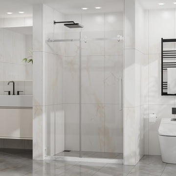 Frameless Sliding Shower Door 48 Inch W x 72 Inch H 6mm Tempered Glass Silent Pulleys 304 Stainless Steel Chrome