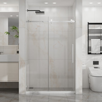Frameless Sliding Shower Door 48 Inch W x 72 Inch H 6mm Tempered Glass Silent Pulleys 304 Stainless Steel Chrome
