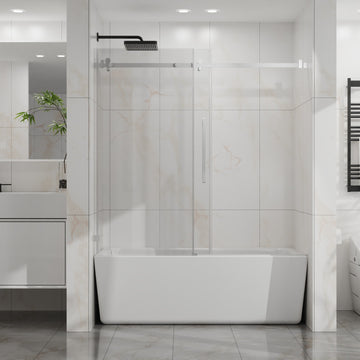 Frameless Bathtub Sliding Door 60 Inch W x 58 Inch H 6mm Tempered Glass Silent Pulleys 304 Stainless Steel Chrome