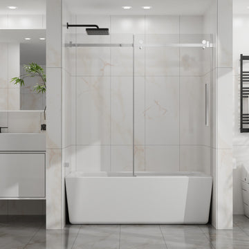 Frameless Bathtub Sliding Door 60 Inch W x 58 Inch H 6mm Tempered Glass Silent Pulleys 304 Stainless Steel Chrome