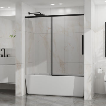 Semi Frameless Tub Sliding Shower Door 60 Inch W x 58 Inch H 6mm Tempered Glass Easy-clean Coating Matte Black