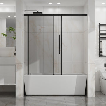 Semi Frameless Tub Sliding Shower Door 60 Inch W x 58 Inch H 6mm Tempered Glass Easy-clean Coating Matte Black