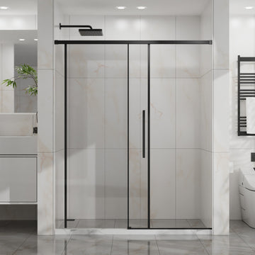 Semi-Frameless Sliding Shower Door 60 Inch W x 72 Inch H 6mm Tempered Glass Easy-clean Coating Matte Black