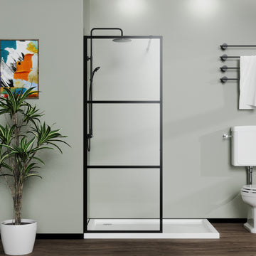 34 Inch 3-Panel Walk-in Shower Screen Wetroom Black Tempered Glass