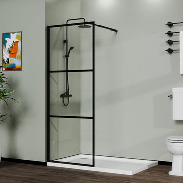 34 Inch 3-Panel Walk-in Shower Screen Wetroom Black Tempered Glass