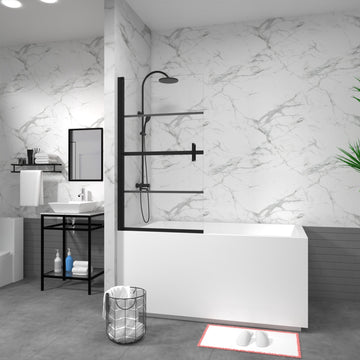 180 Degree Pivot Bathtub Screen Panel 55 Inch H x 31.5 Inch W 6mm Tempered Glass Black