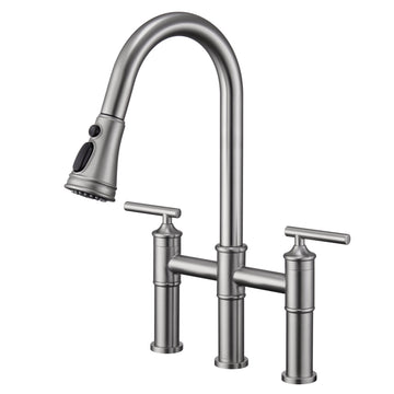 Bridge Kitchen Faucet with Pull Down Sprayer Bridge Faucet for Kitchen Sink 3 Holes Double Handle Kitchen Faucet Brass Vintage Kitchen Faucets, Brushed Nickel