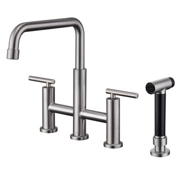 Bridge Kitchen Faucet with Side Sprayer Brushed Nickel Kitchen Faucet 8 Inch 4 Hole Double Handle Vintage Faucet Widespread Stainless Steel Sink Faucet