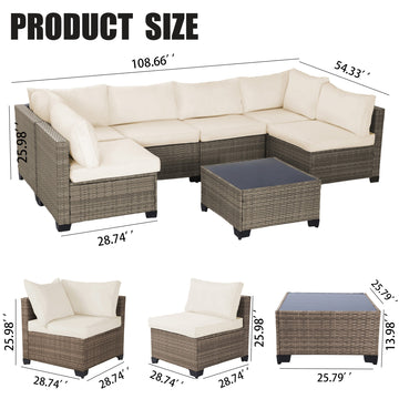 7 Piece Modular Outdoor Patio Sectional Set Beige with Coffee Table