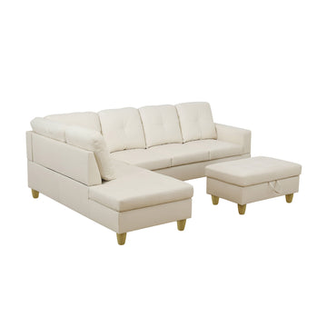 Premium Semi PU Upholstered Sofa Solid Wood Frame Double Spring with Left Chaise Lounge, Beige