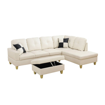 Premium Semi PU Upholstered Sofa Solid Wood Frame Double Spring with Right Chaise Lounge, Beige