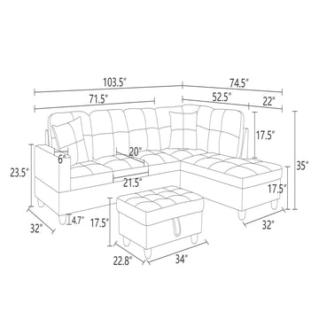 Premium Semi PU Upholstered Sofa Solid Wood Frame Double Spring with Right Chaise Lounge, Beige