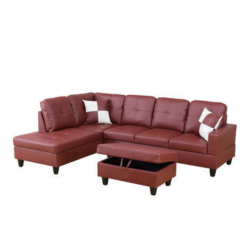 Premium Semi PU Upholstered Sofa Solid Wood Frame Double Spring with Left Chaise Lounge, Burgundy