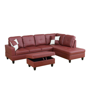 Premium Semi PU Upholstered Sofa Solid Wood Frame Double Spring with Right Chaise Lounge, Burgundy