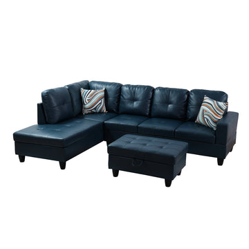 Premium Semi PU Upholstered Sofa Solid Wood Frame Double Spring with Left Chaise Lounge, Navy Blue