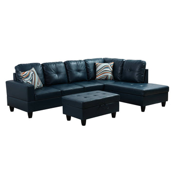 Premium Semi PU Upholstered Sofa Solid Wood Frame Double Spring with Right Chaise Lounge, Navy Blue