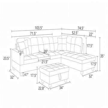 Premium Semi PU Upholstered Sofa Solid Wood Frame Double Spring with Right Chaise Lounge, Navy Blue